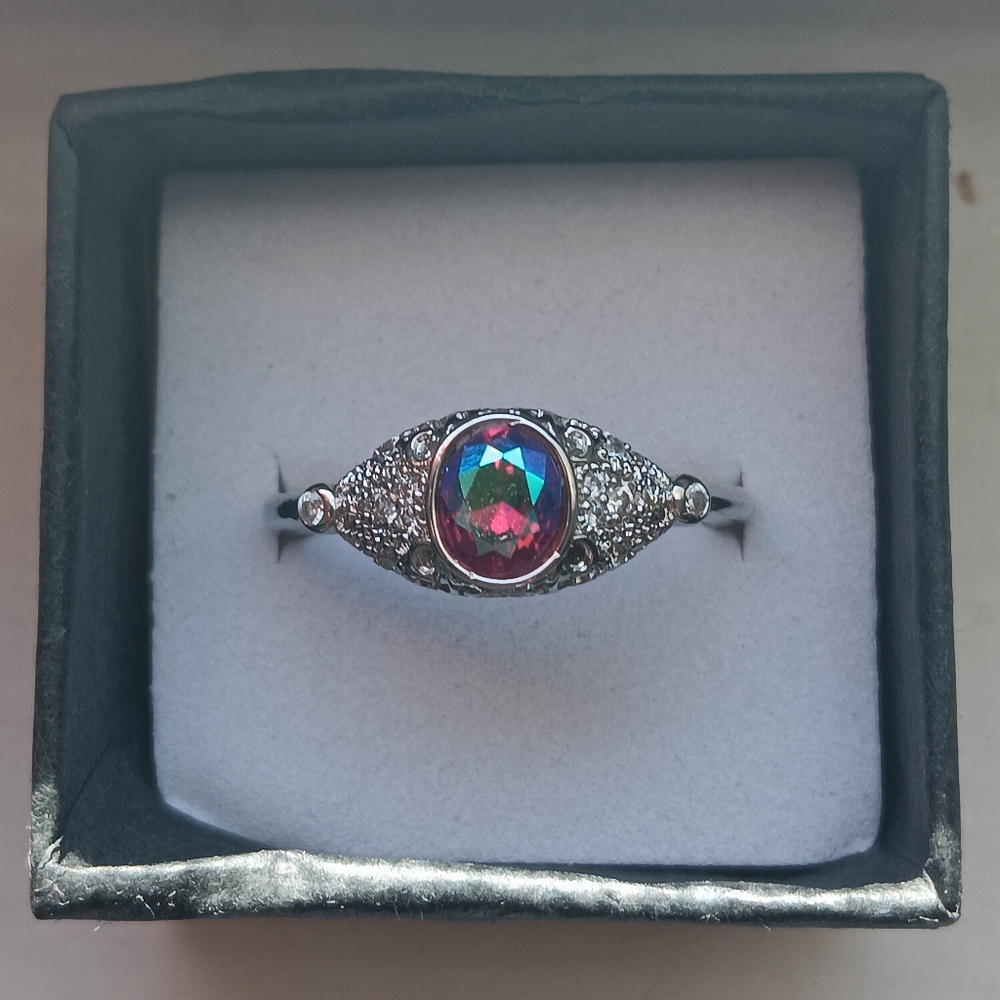Gorgeous Rainbow Mystic Topaz CZ Diamond Ring (Size 9 1/2)
